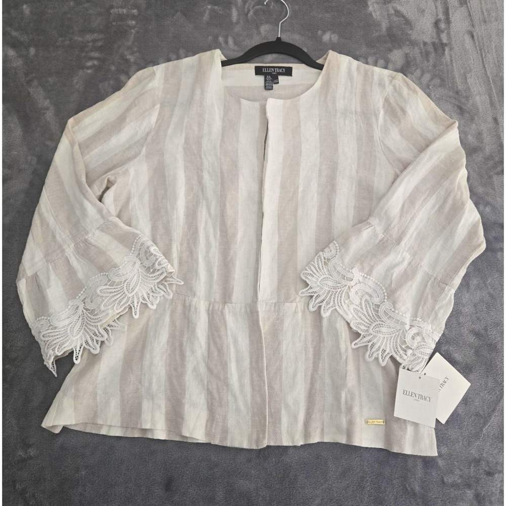 Ellen Tracy Linen Blend White/Tan/Cream Striped Lace Open Front Top XL $139